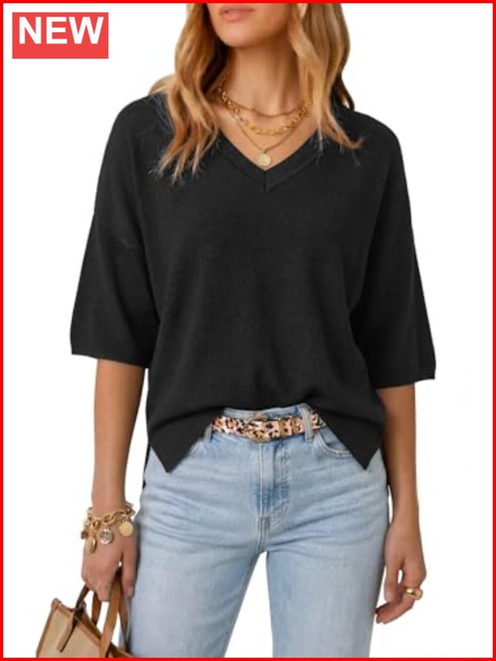 Wool Blend Oversized Sweater Elbow Sleeve V-Neck Pullover Casual Summer